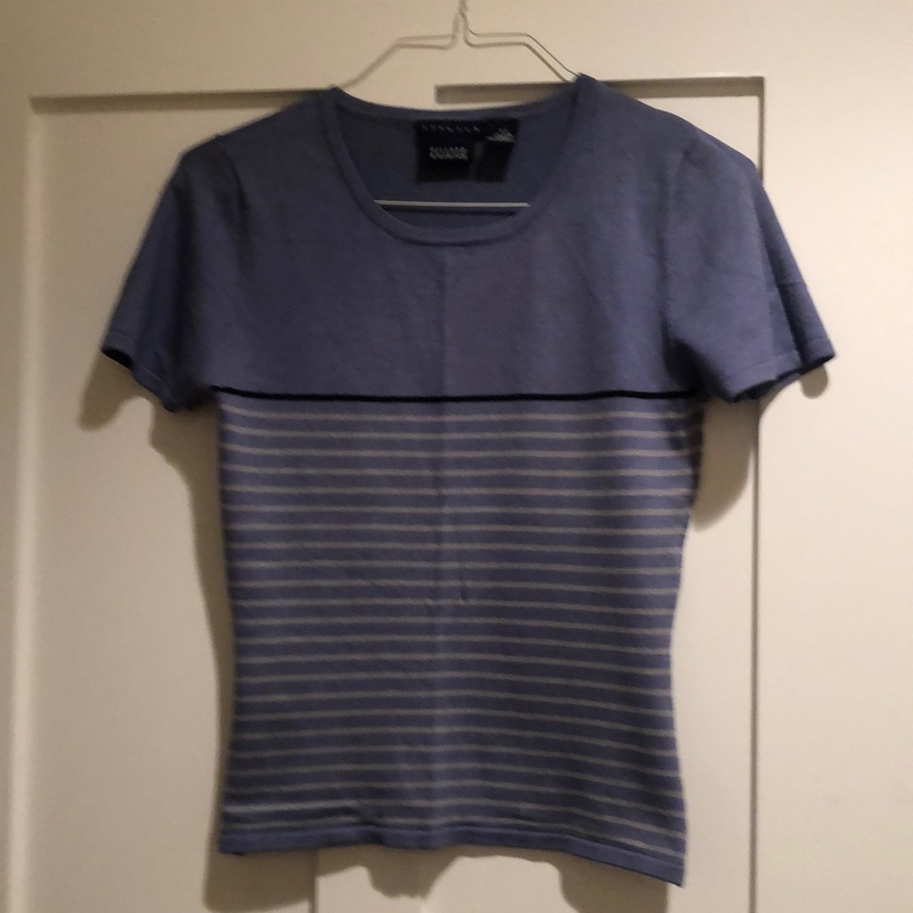 Short sleeve sweater top in dusty blue with stripes